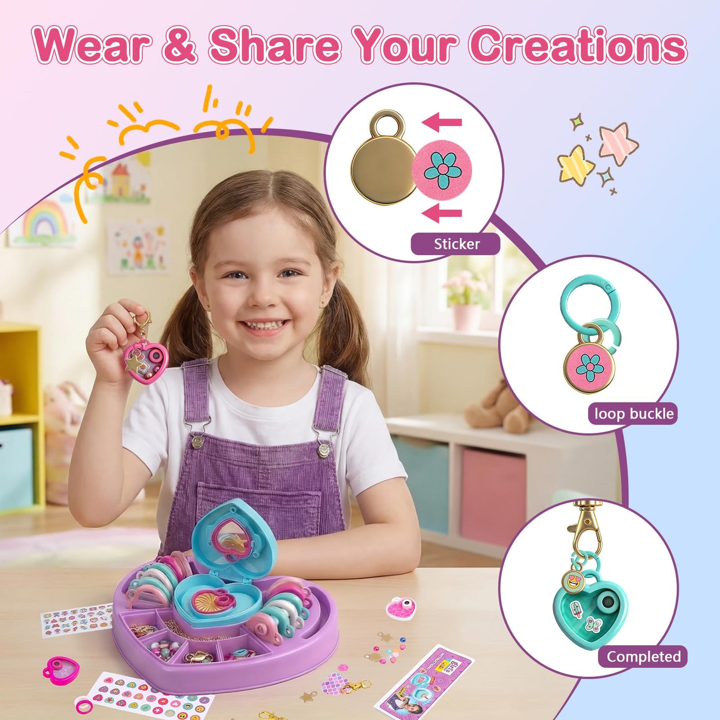 DIY Heart Locket Keychain Making Kit with Magic Zoom Beads, Gifts for Girls Ages 5 6 7 8 9 10, Toys for Girls Bag Charms Craft Set for Backpacks