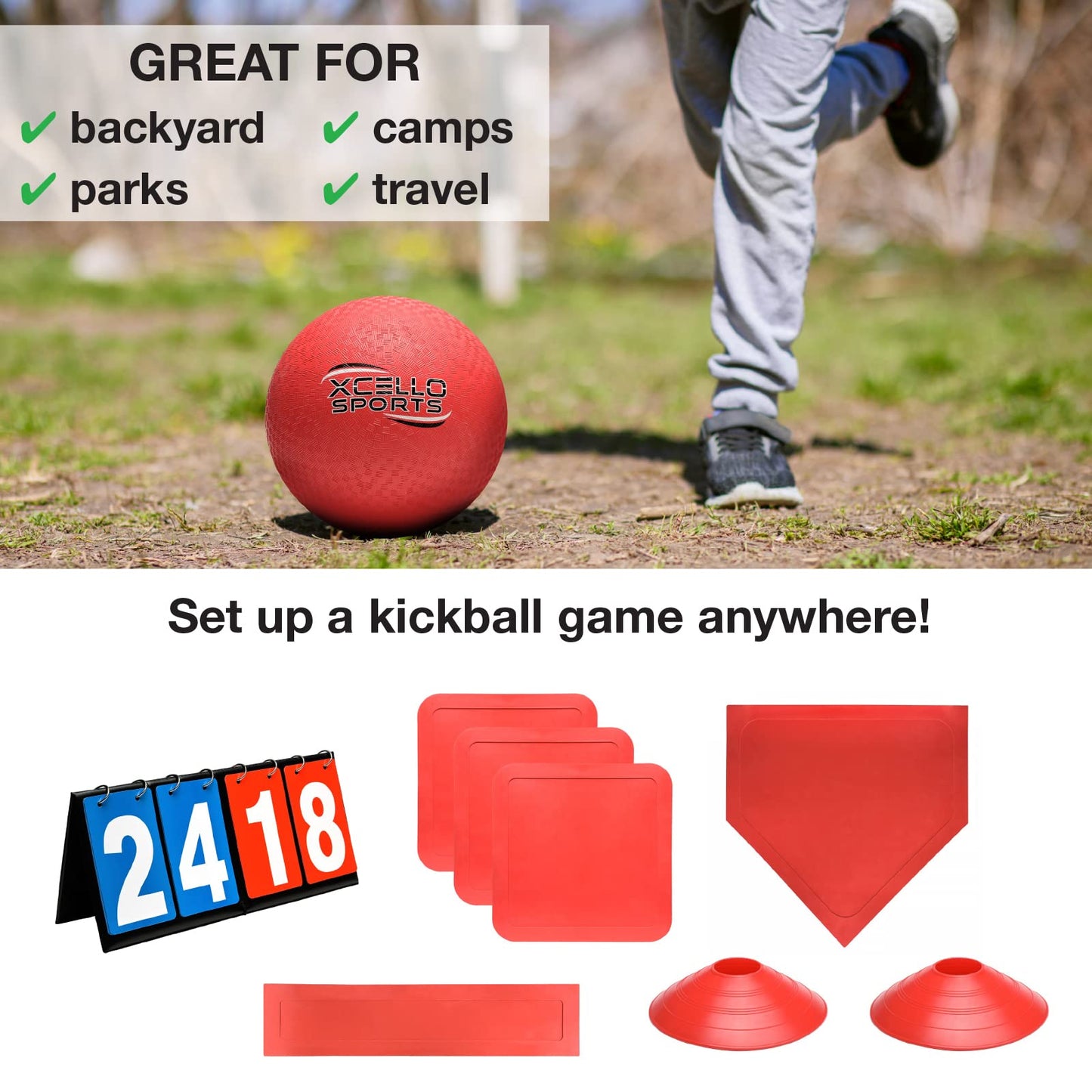 Xcello Sports Kickball Set - 10" Playground Ball, Throw Down Bases, Foul Marker Discs, 12" Pump and Scoreboard