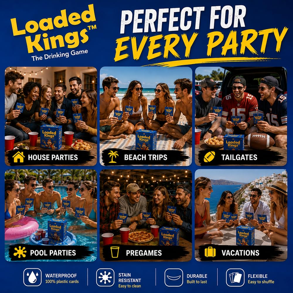 Loaded Kings Drinking Card Game for Adults - Waterproof Kings Cup Style Party Game with Custom Rules Cards - Fun College, Bachelor, Bachelorette
