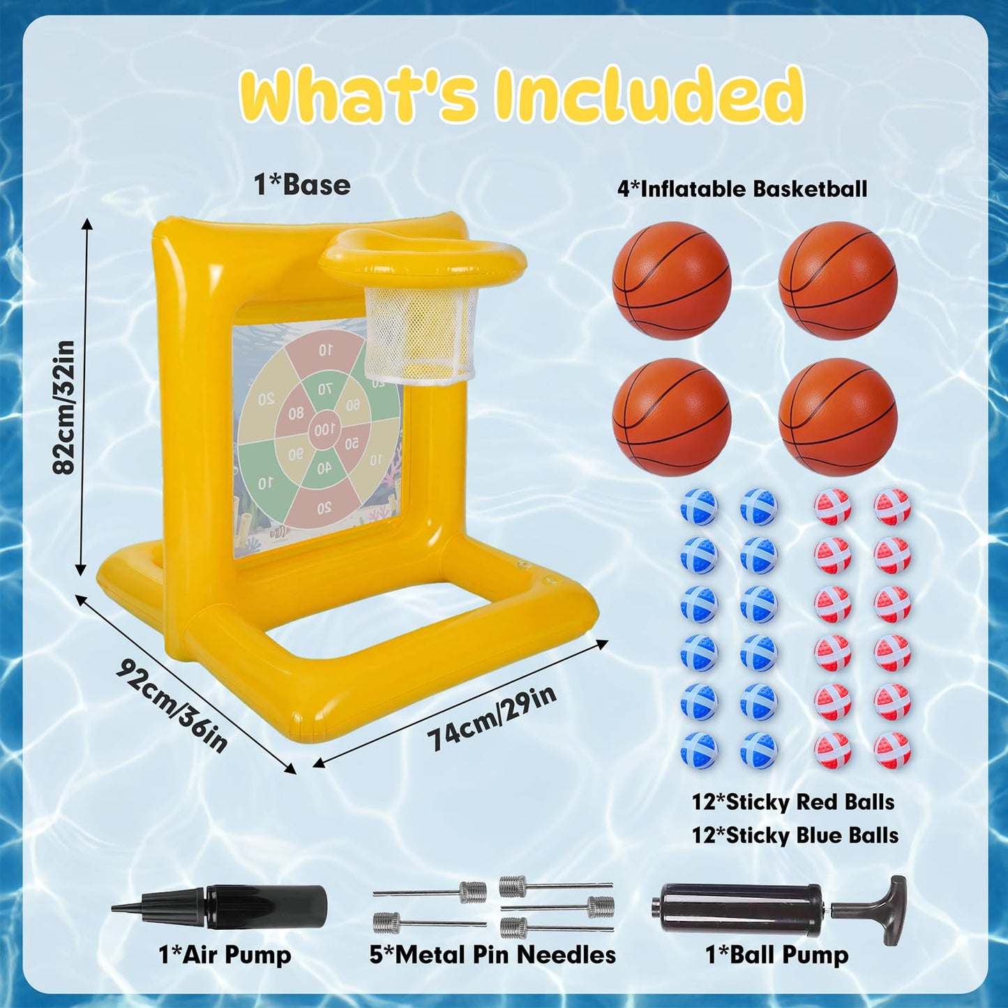 TicTac Shot Pool Toys Games for Kids & Adults, 2-in-1 Pool Basketball Hoop & Dart Target, Family Pool Party Games with Multiple Balls (Yellow)