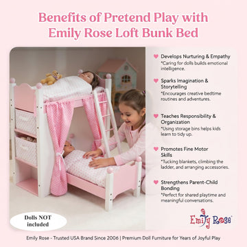 Emily Rose 18 Inch Doll Loft Bunk Bed Pink - Wooden Doll Bunkbed with Storage Shelves, Ladder, Removable Single Bed, 2 Polka Dot Bedding Sets &