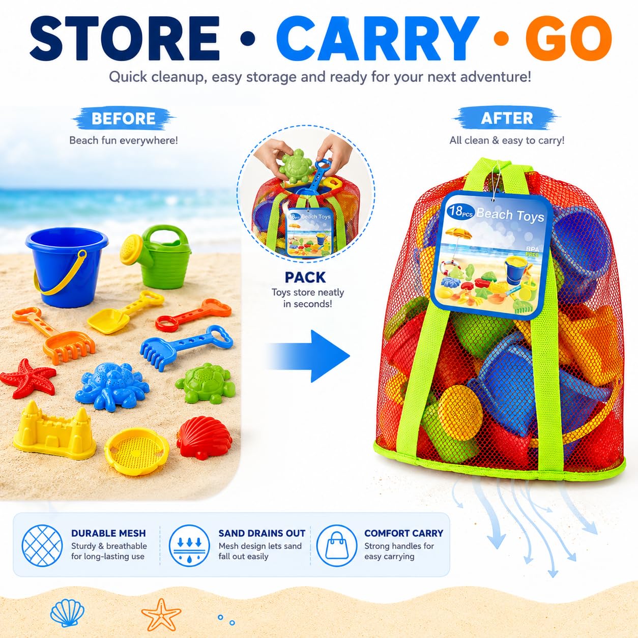 Click N' Play Beach Toys for Kids 3-10 - 18pc Sand Toys Including Sand Buckets for Kids with Sifter, Watering Can, Rake, 4 Hand Tools, 10 Sand Molds