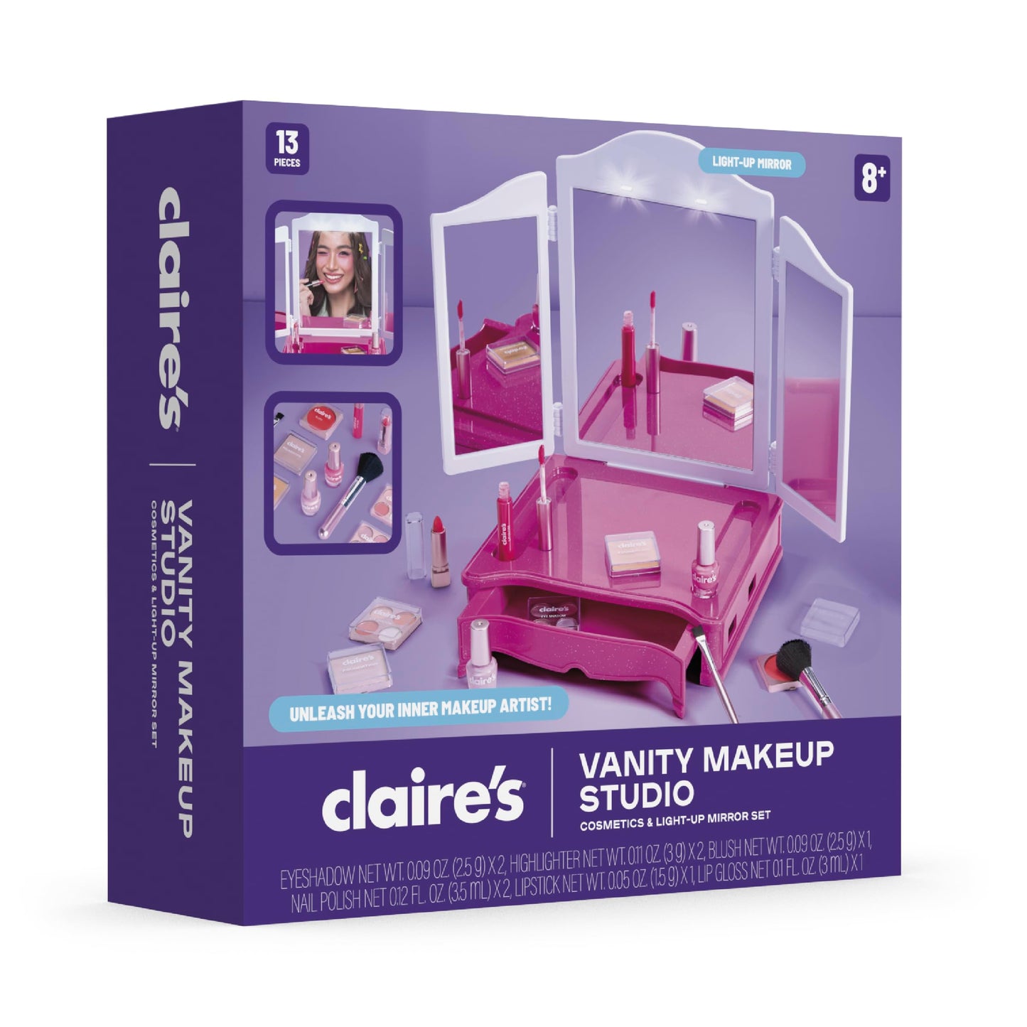 Claire's Makeup Vanity with Light-Up Tri-Panel Mirror, 13-Piece Real Cosmetic Set, Pretend Play Makeup for Kids 8-12, Girl Toys & Beauty Activity Gift