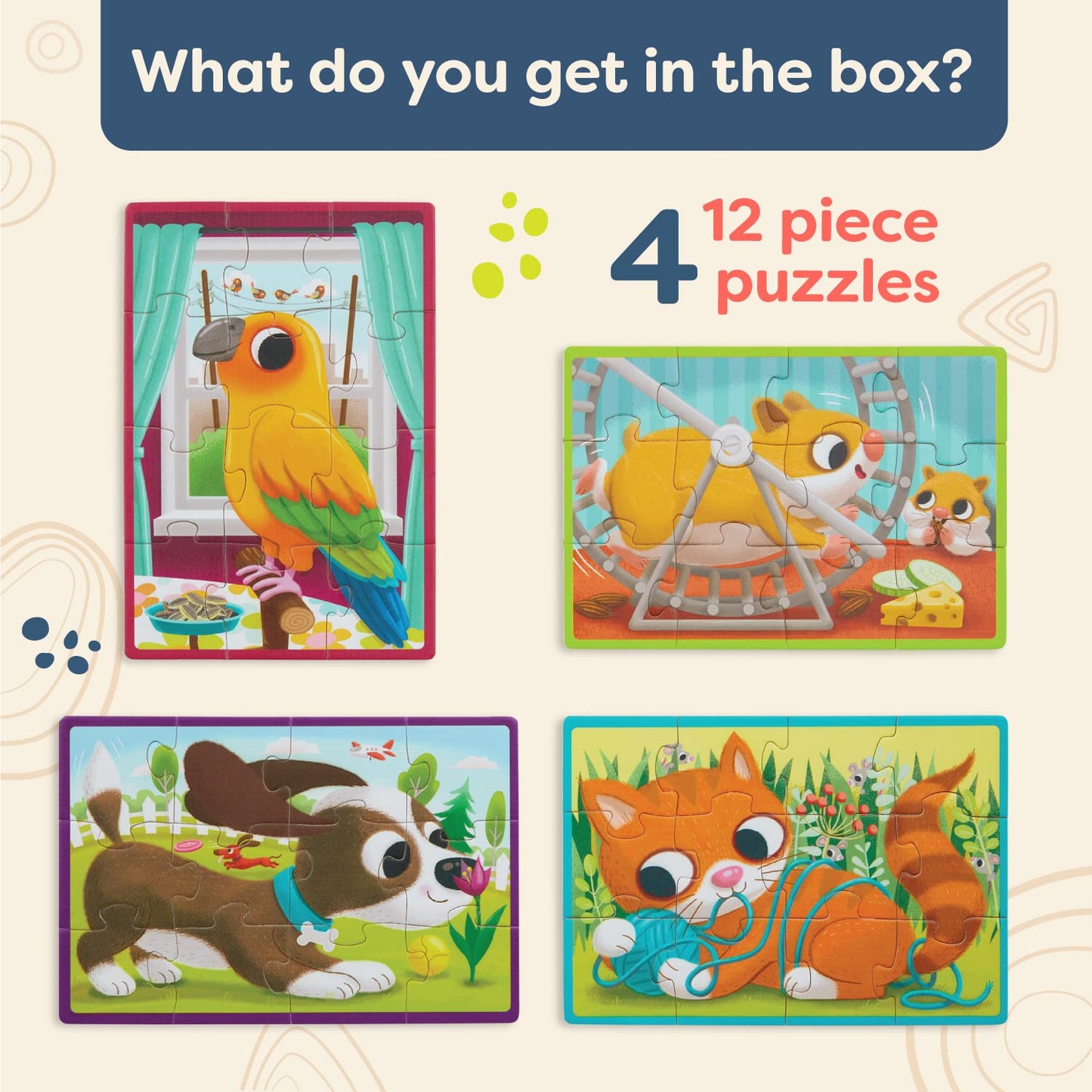 B. toys Wooden Puzzle Set, 4 Animal Puzzles with Wooden Box, Pets