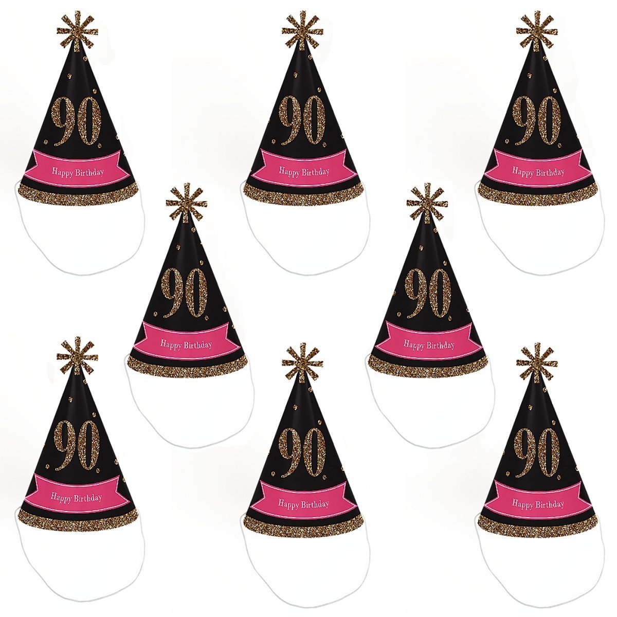 Big Dot of Happiness Chic 90th Birthday - Pink, Black and Gold - Cone Happy Birthday Party Hats for Adults - Set of 8 (Standard Size)