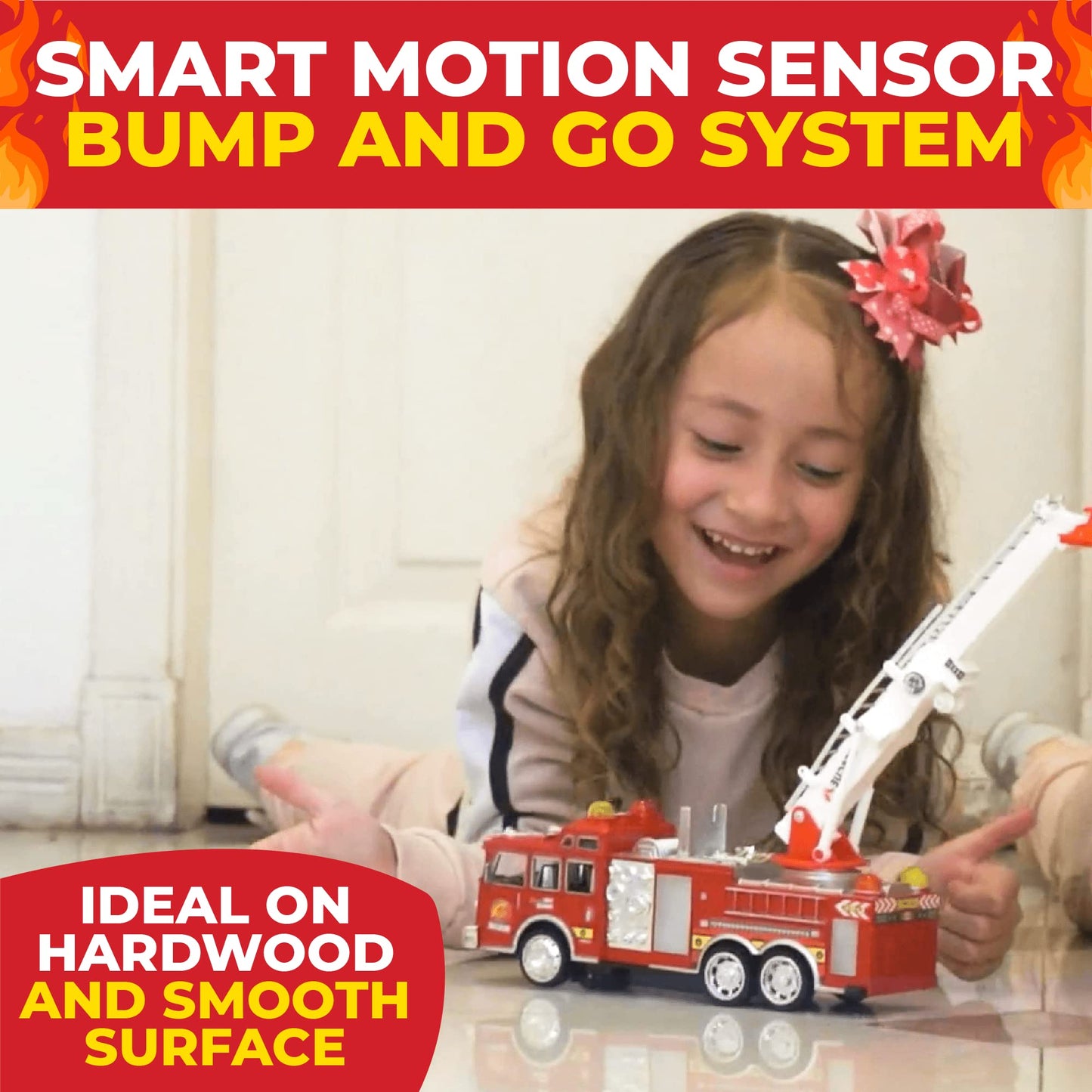 Toysery Fire Truck Toy with Flashing Lights & Siren Sounds for Kids, Extendable Rotating Ladder, Bump and Go Action, Role Play Toy for Boys & Girls