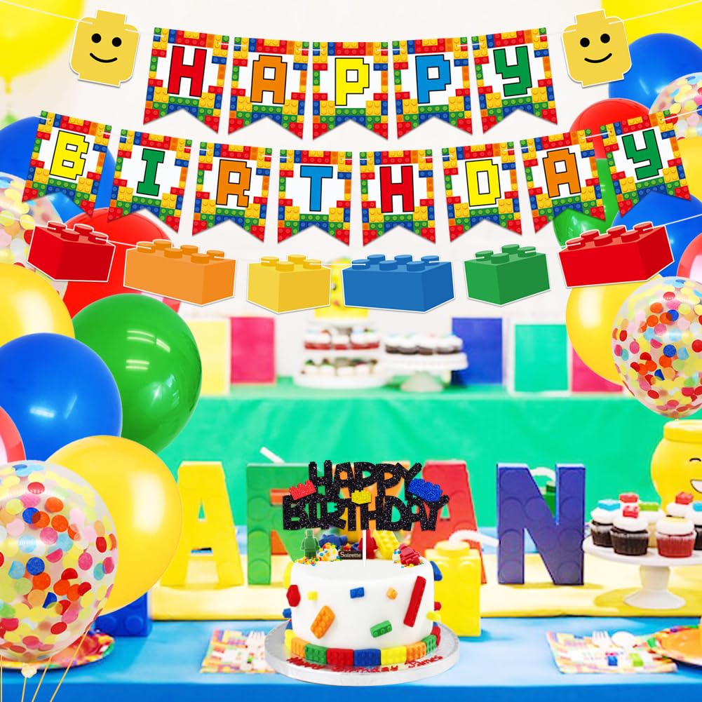 Building Blocks Themed Birthday Party Decorations Pack - Includes Glitter Cake Topper Banners and Balloons - Summer Colorful Themed Bday Party Pack