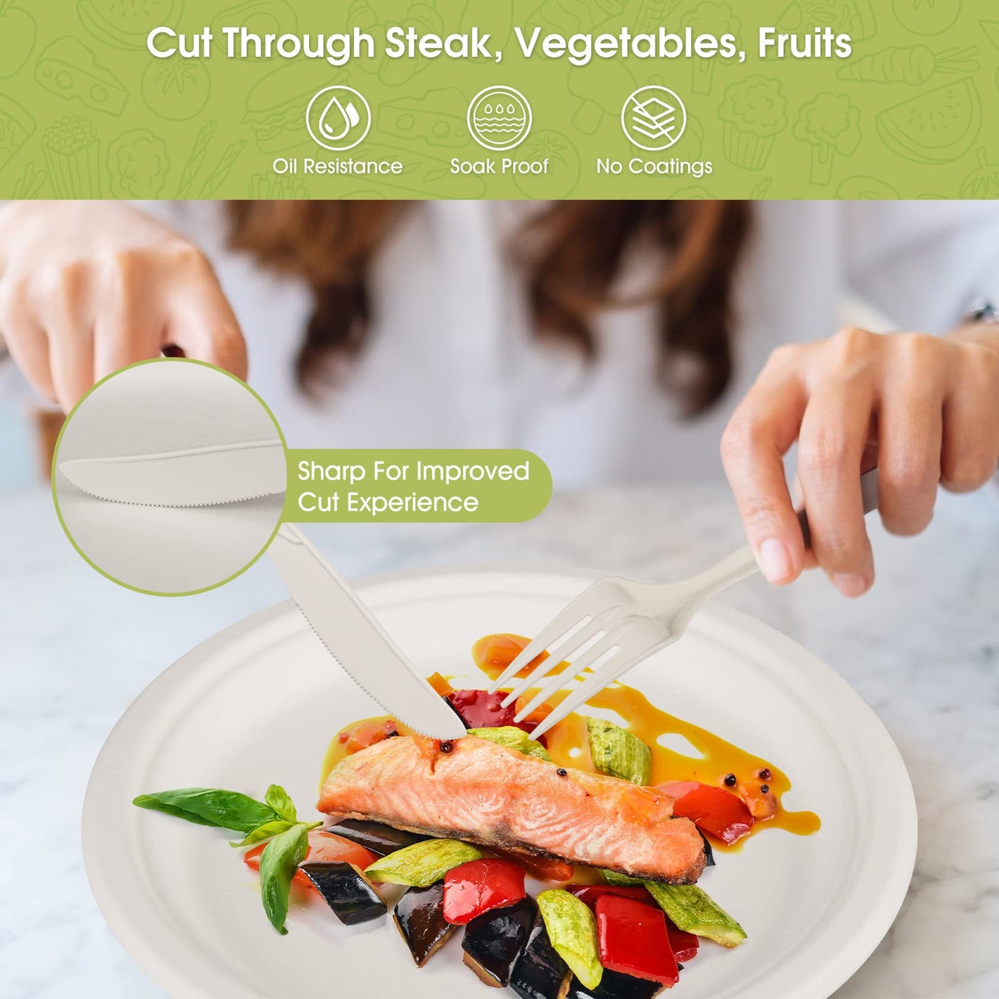 Fuyit Compostable Paper Plates with Cutlery Set, Disposable Dinnerware