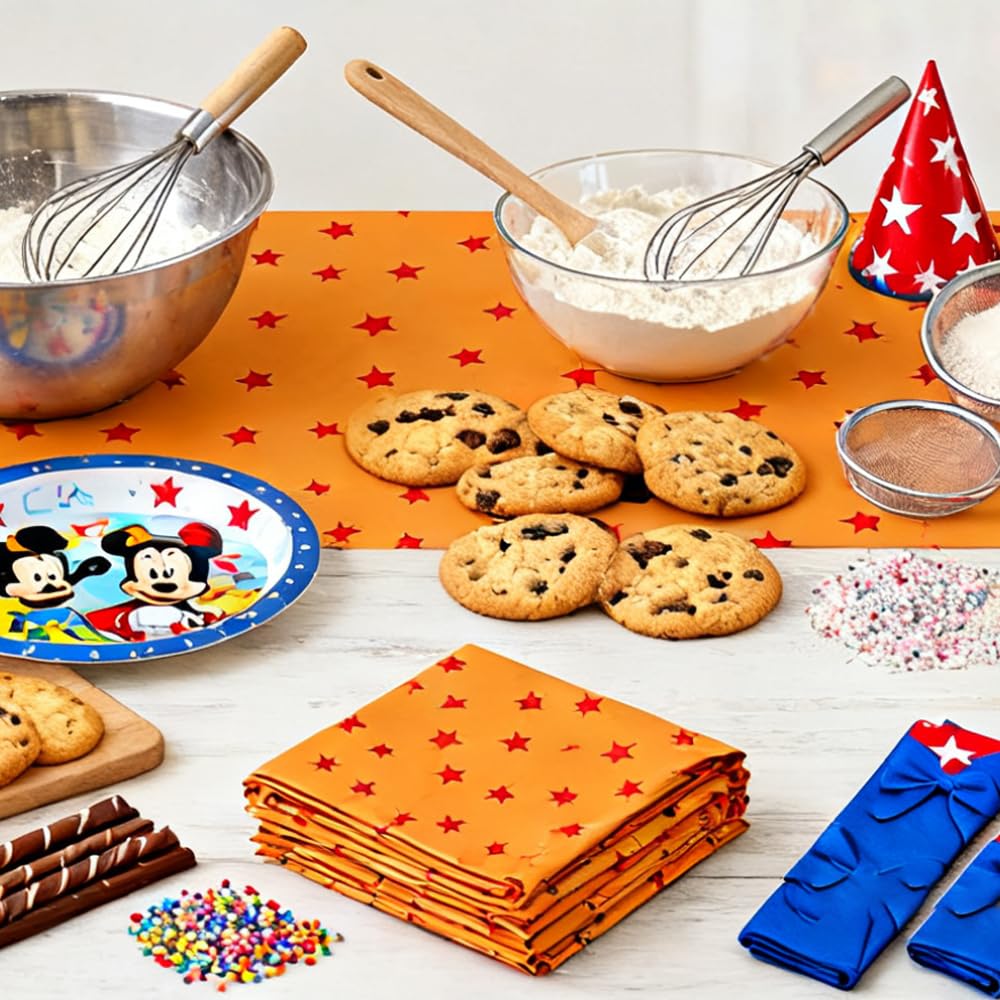 BEHKNQTW 6 Pcs Anime Theme Tablecloth 108 x 54 Inches Orange and Red Stars Party Tablecloth Disposable Table Covers for Cosplay Birthdays, Vedio Game