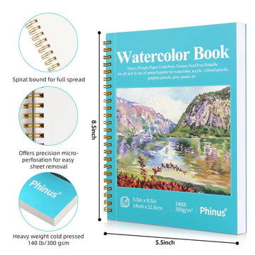 Phinus 30 Sheets Watercolor Sketchbook 5.5 x 8.5 Inch, Watercolor Paper Cold Press (140lb/300gsm), Spiral Bound Water Color Pad for Adults Kids, Mixed