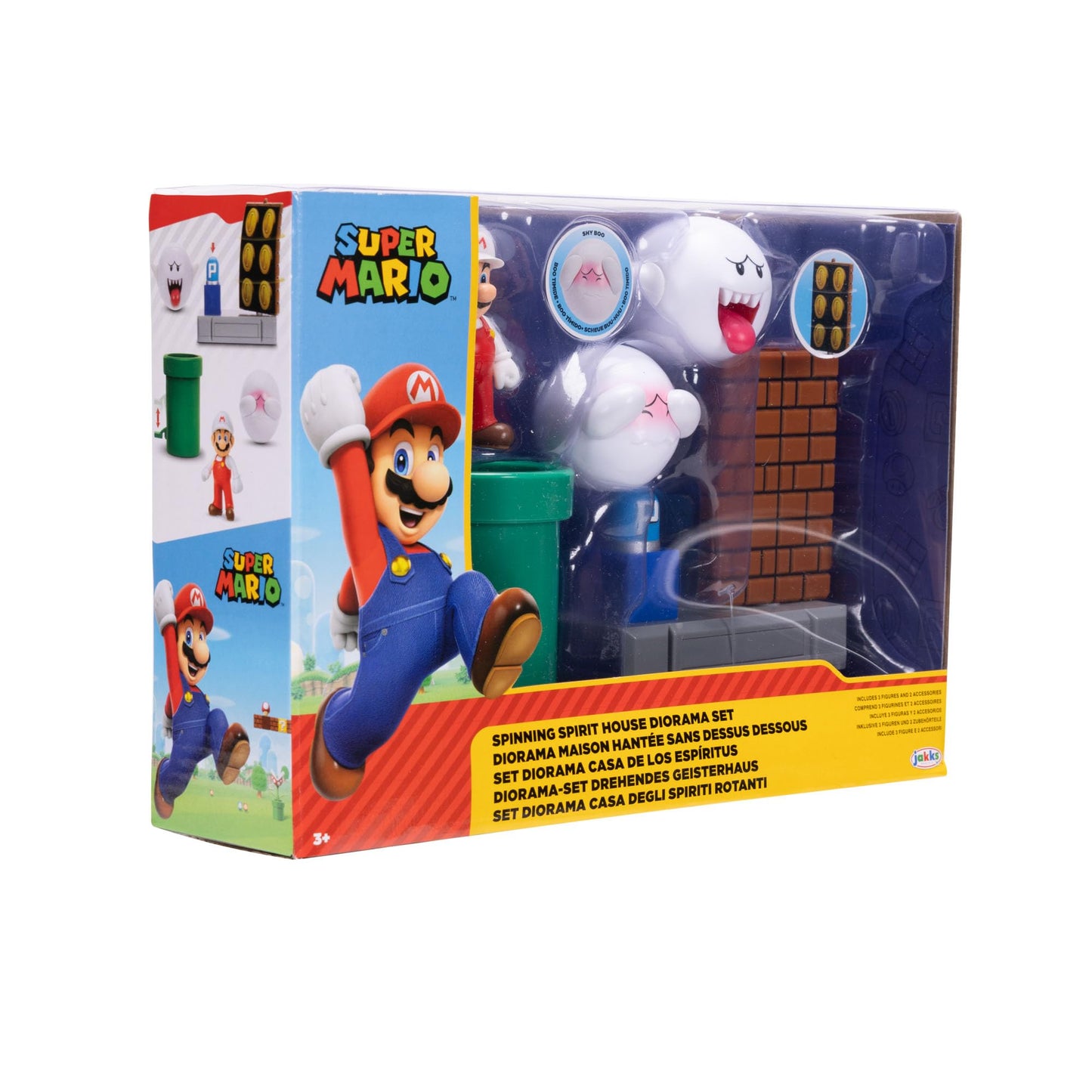 Super Mario Action Figures Spinning Spirit House Diorama Playset with 2.5-Inch Fire Mario Figure, Shy Boo, Boo, Green Pipe and Rotating Brick Wall