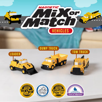 Popular Playthings Magnetic Vehicles for Toddlers 1-3, Mix or Match Car Toys, Set of 3 Gift for Kids - Construction Vehicles