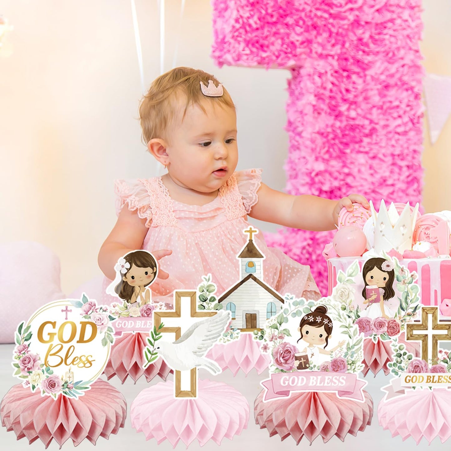 24Pcs Baptism Decorations for Girls, Pink Floral Baptism Centerpieces for Tables, Baptism Decor Honeycomb Centerpiece Double Sided Table Toppers