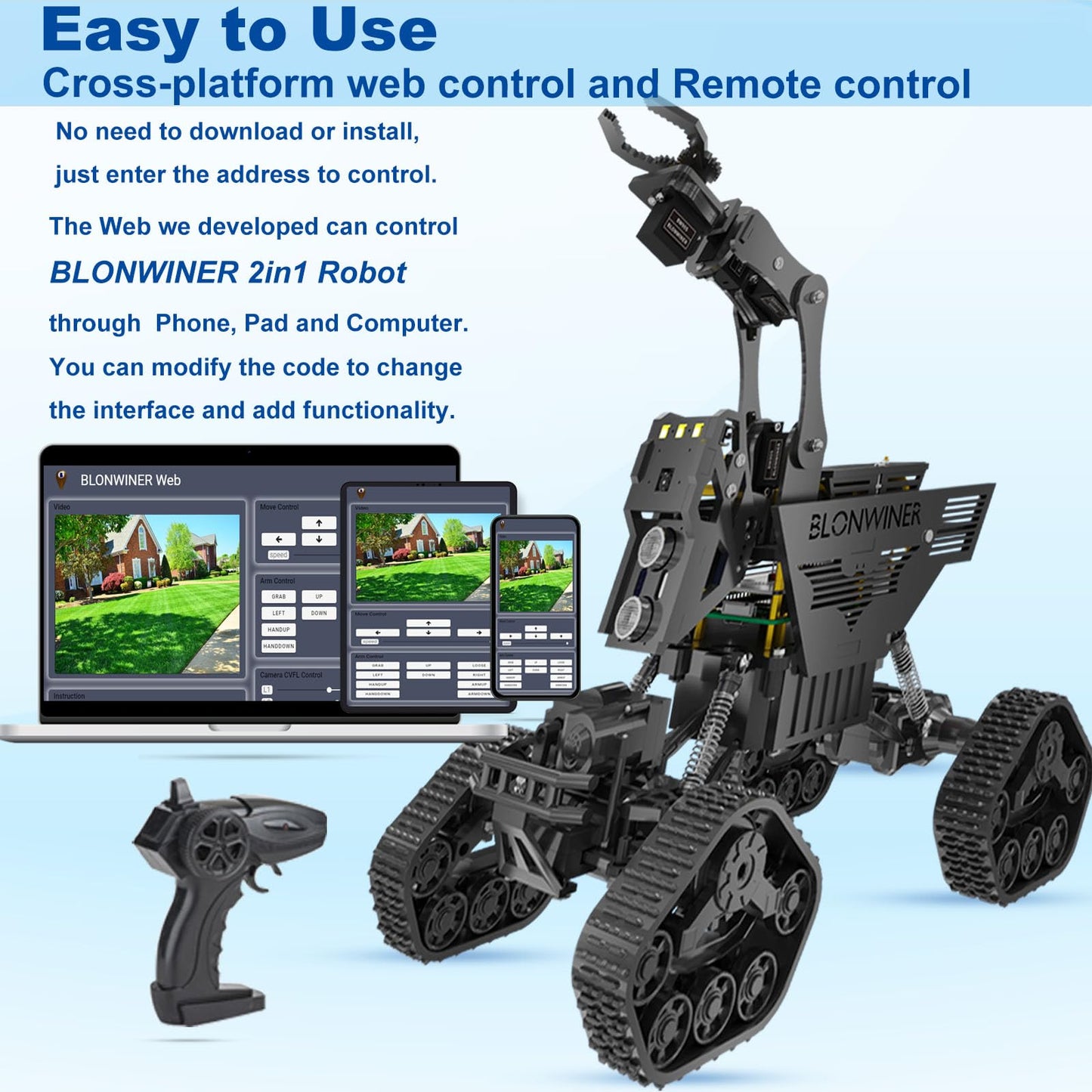 BLONWINER Robot Car Kit, 2 in 1 Smart Robotics Arm Building Toy for Raspberry Pi Python Coding, STEM Programming Tank Kits with Camera (Without RPi