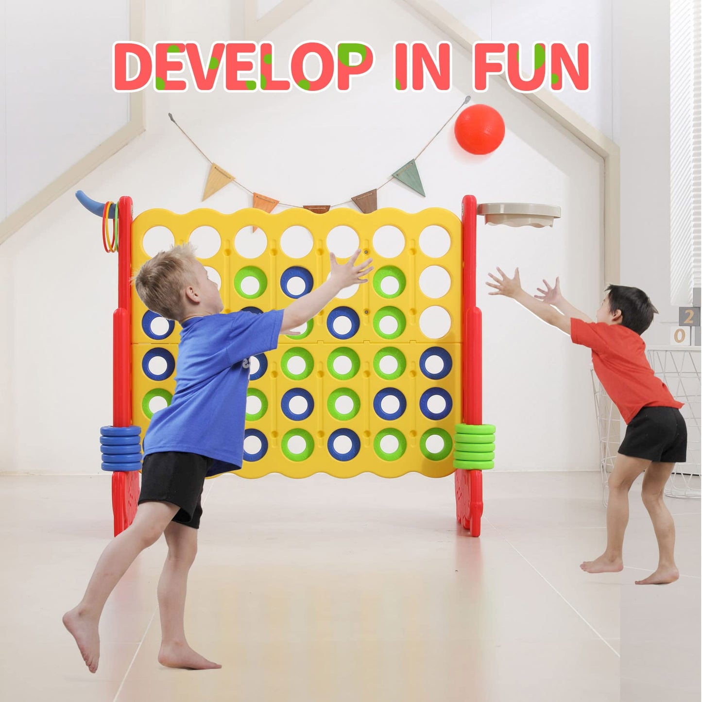 UNICOO Giant 4-in-a-Row Game with Carry Bag, 3-in-1 Jumbo 4-to-Score Outdoor Yard Game with Basketball Hoop, Ring Toss, Quick-Release Slider, 42