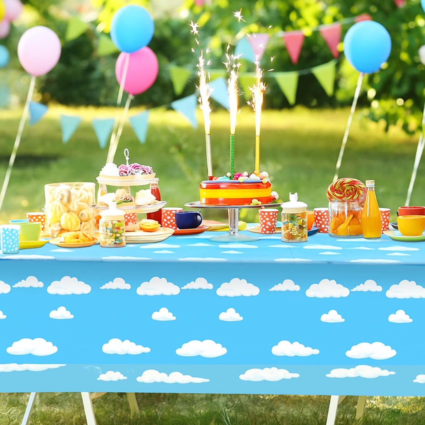 Tatuo Blue Sky White Clouds Birthday Party Supplies Cartoon Story Tablecloth Party Table Cover Cartoon Table Banner for Birthday Decorations, 54 x 108