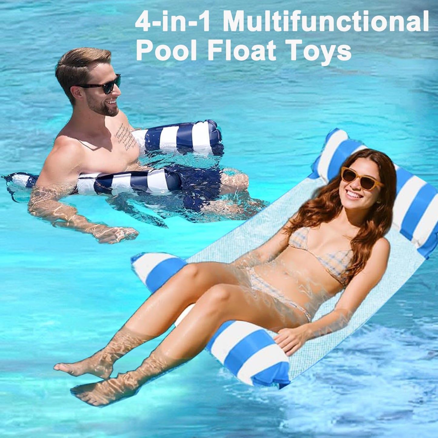 Goodffy 2 Pack Inflatable Pool Hammock Floats with Air Pump, Thick Water Pool Floats for Adults, 4-in-1 Water Hammock Chair, Saddle, Lounge,