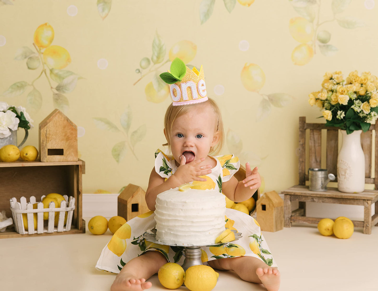 LINLULU Lemon 1st Birthday Crown - Lemon Birthday Decorations, Light Pink And Lemon Yellow Birthday Hat, Birthday Tiara, Cake Smash Props