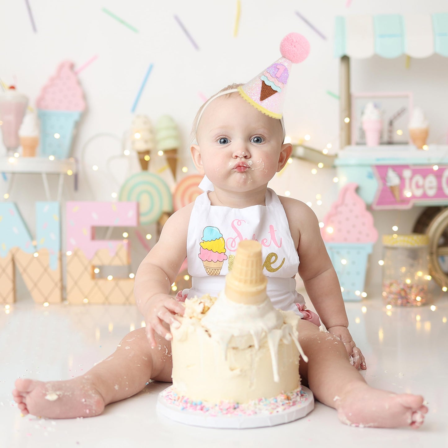 HIKLO Ice Cream 1st Birthday Cone Hat - Sweet One First Birthday Hat, Ice Cream 1st Birthday Decoration for Girls, Ice Cream Party Supplies