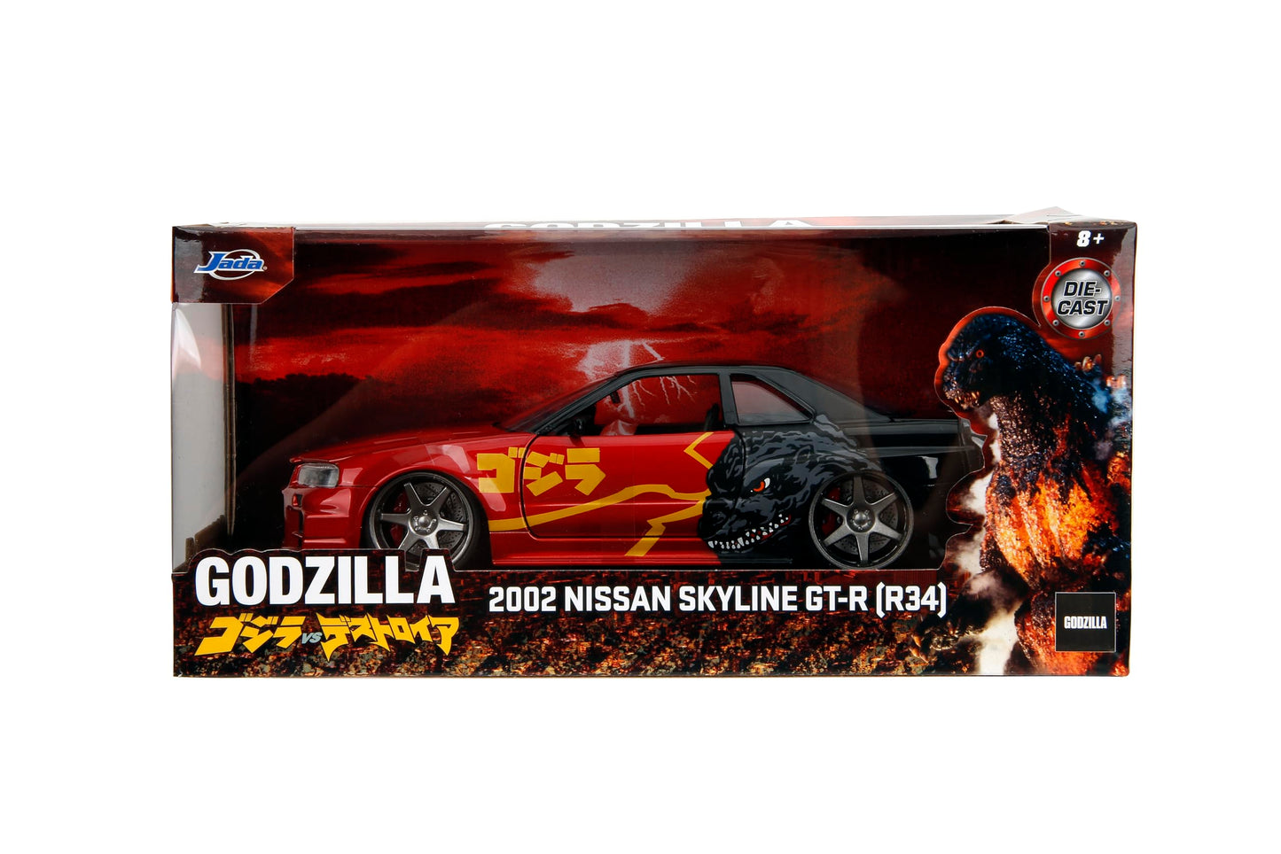 Jada Godzilla 2003 Nissan Skyline GTR R34 - 1:24 Scale Die-Cast, Opening Doors, Hood, Trunk, Rubber Tires - Collectible for Adults - Toho Licensed