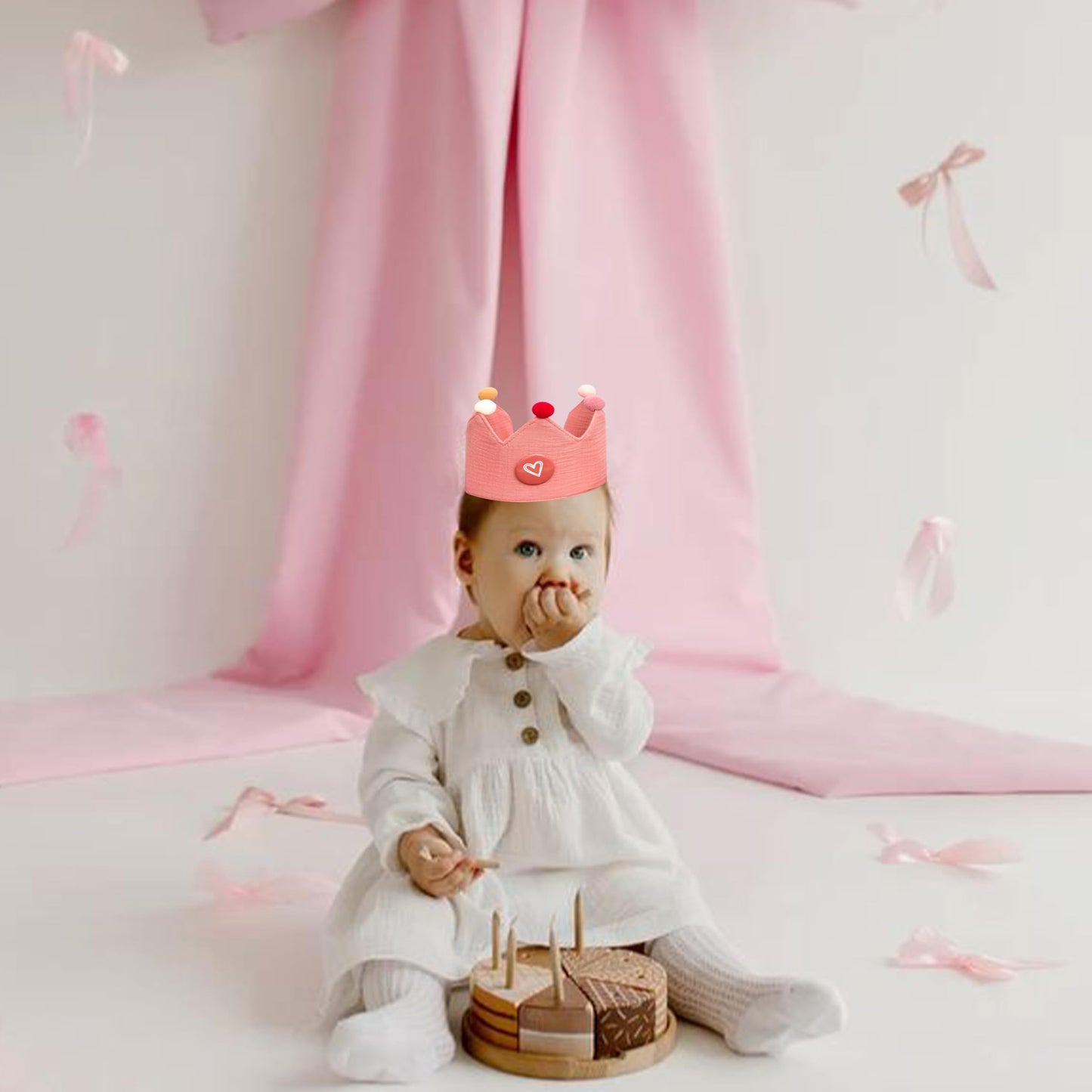 Sherkarmiu Cute Pink Girls Crown Hat with 1-10 Number Badges - Soft Fabric Tiara for Birthday Party Hat Dress Up, Princess Photo Prop