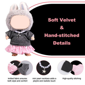 Clothes for LABUBU 17cm Doll, 6 Psc Handmade Custom Accessories for LABUBU, Premium Exclusive Outfits for LABUBU Unique Dress Up - Pink