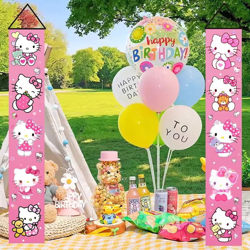 2Pcs Hello Cats Birthday Porch Sign Door Hanging Banner Birthday Party Supplies for Wall Decorations