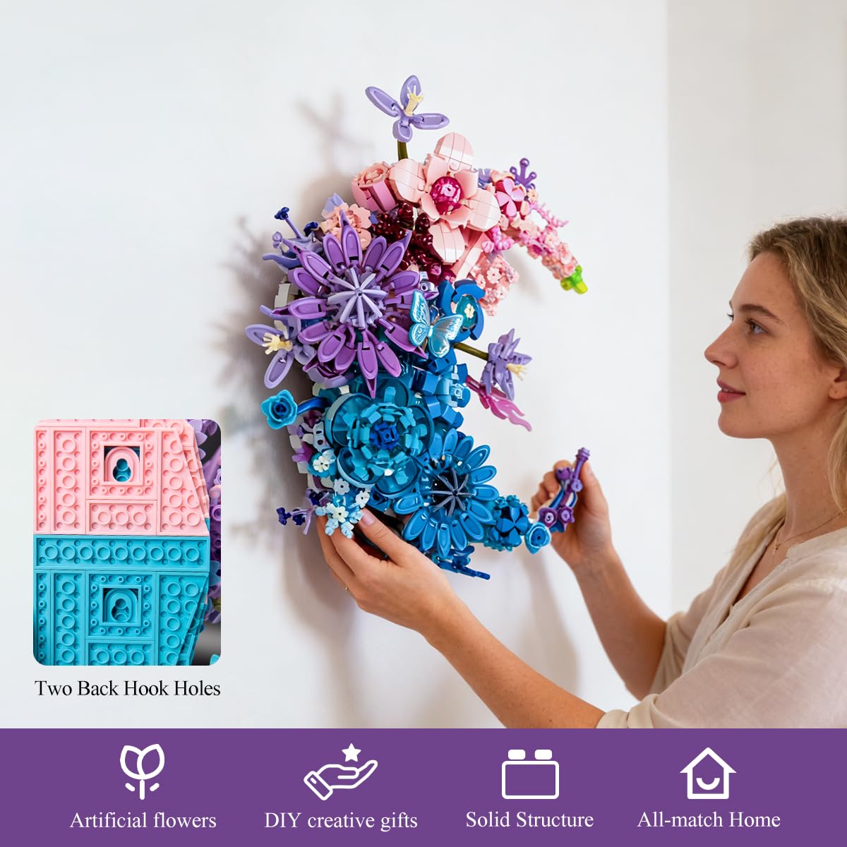 Moon Eternal Flower Decoration Building Set for Adults, 977 Pcs Micro-Particle Crescent-Shaped Artificial Flowers Building Blocks with Built-in