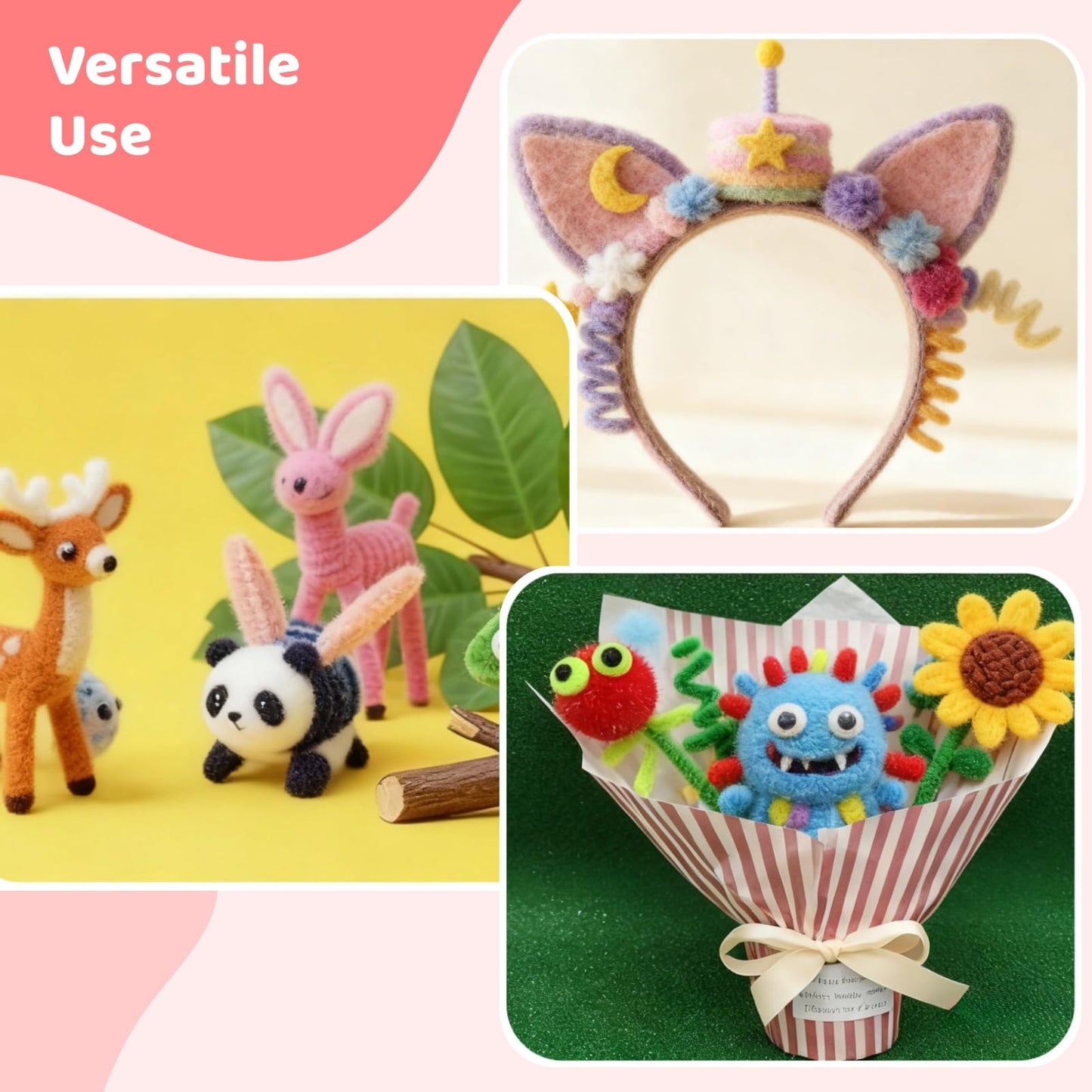 1300 Pcs Pipe Cleaners Craft Set, Chenille Stems in 13 Colors, 30 Flower Stalks, 2 Rolls Floral Tape, Pearl Stickers and Stamens, 11.8 in Bendable