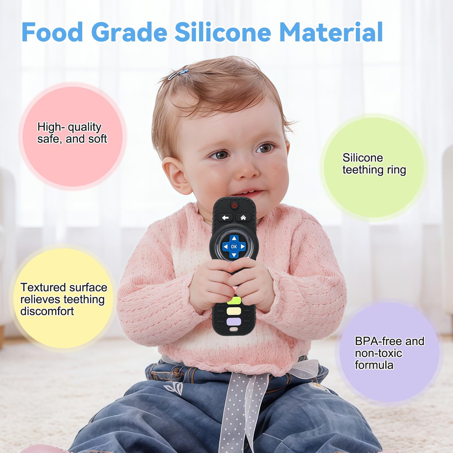 MISSLILI Teething Toy for Babies 3-6-12 Months, Silicone Baby Rattles Teether, Teething Relief Infant Toddles TV Remote Control Teether for 0-24
