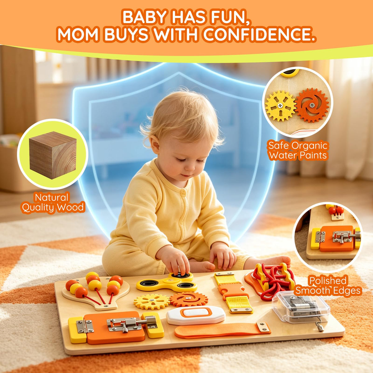 SEYTUFU Montessori Busy Board for Toddlers 2-4, Wooden Sensory Activity Board for Autistic Children, Travel Toys for 1+ Year Old Boy & Girl Birthday