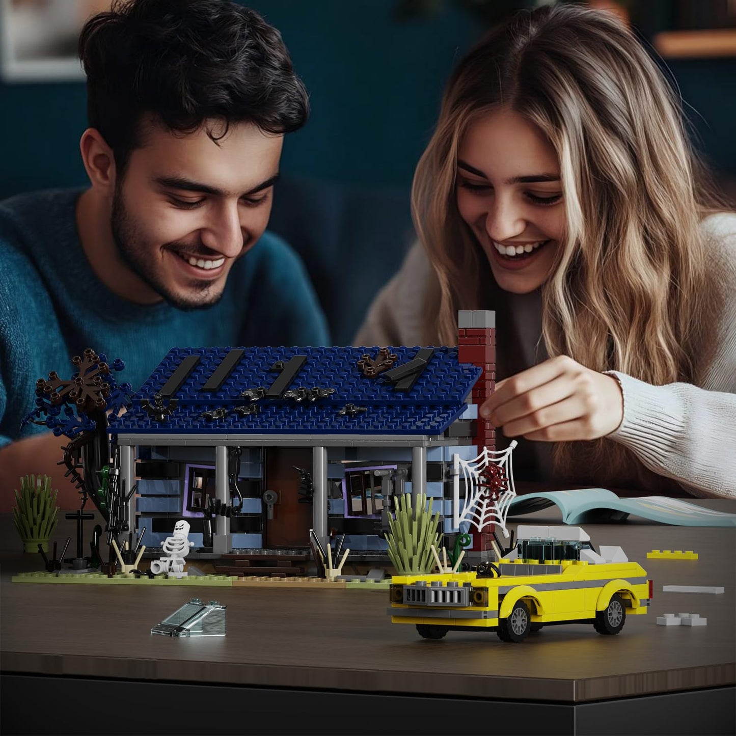 Evil House Building Set, Deadly Darkness House Compatible with Lego Halloween Horror House with Movable Car Haunted House Toy Model, Collectible Gift