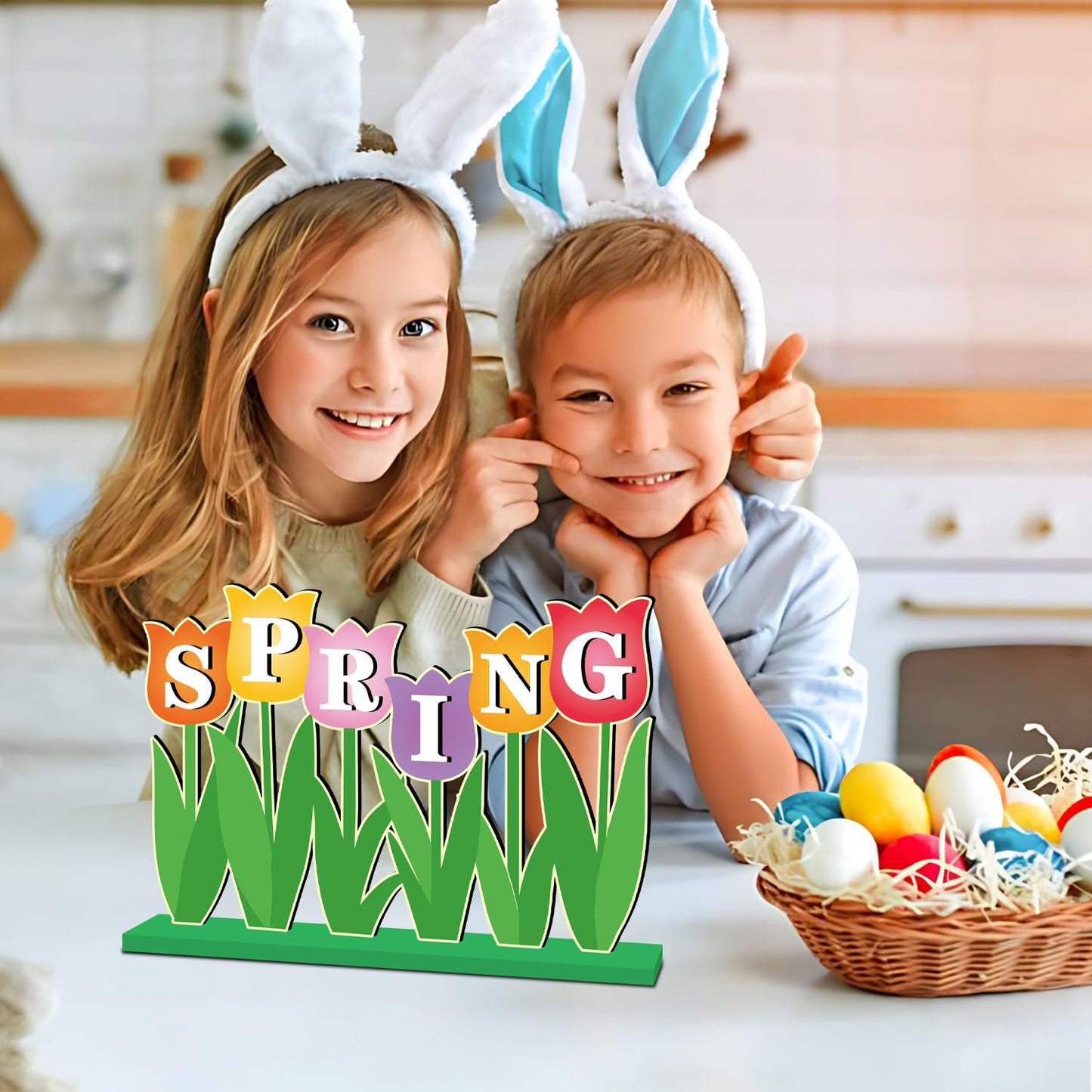 Spring Decorations for Home 13.8x9.4inch Wooden Tulips Table Decorations Spring Flowers Table Centerpieces Rustic Farmhouse Tulips Tiered Tray Decor