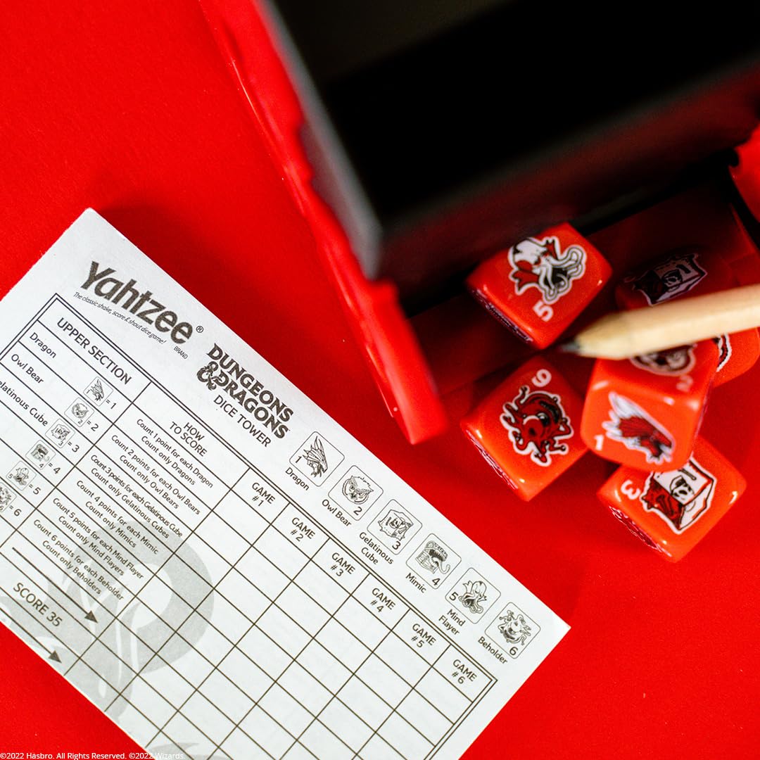 YAHTZEE: Dungeons & Dragons | Collectible Dice Tower | Dice Featuring Dragon, Owl Bear, Gelatinous Cube, Mimic, Mind Flayer, and Beholder |
