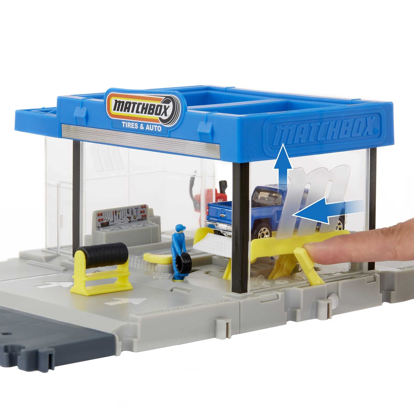Matchbox Action Drivers Auto Shop Playset with 1 Chevy Silverado, Moving Parts & Figures, Toy for Kids 3 Years Old & Up
