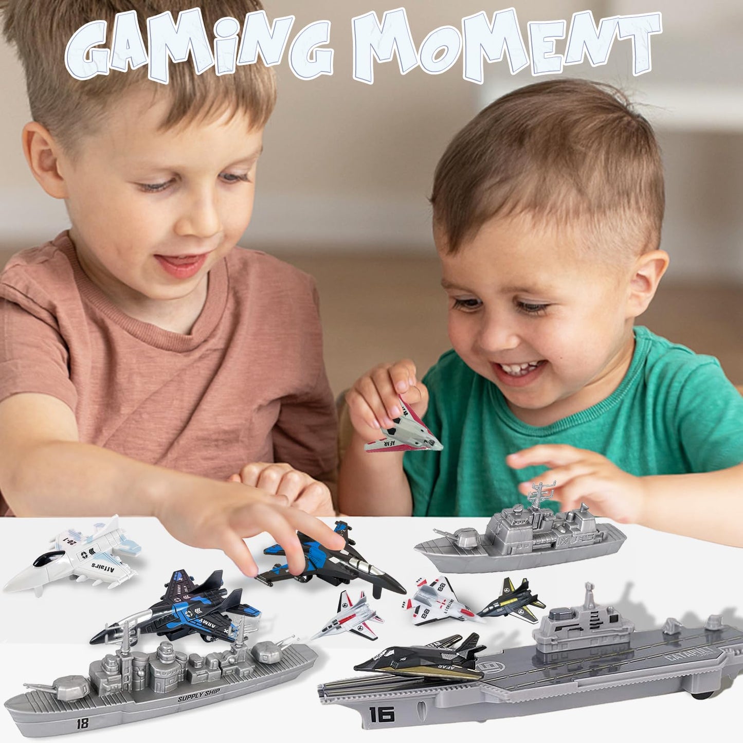 WASK Army Toys for Boys - Launching Military Aircraft Carrier Toys Set Military Naval Ship with Battleship, Supply Ship, Fighter Jets, Aircraft