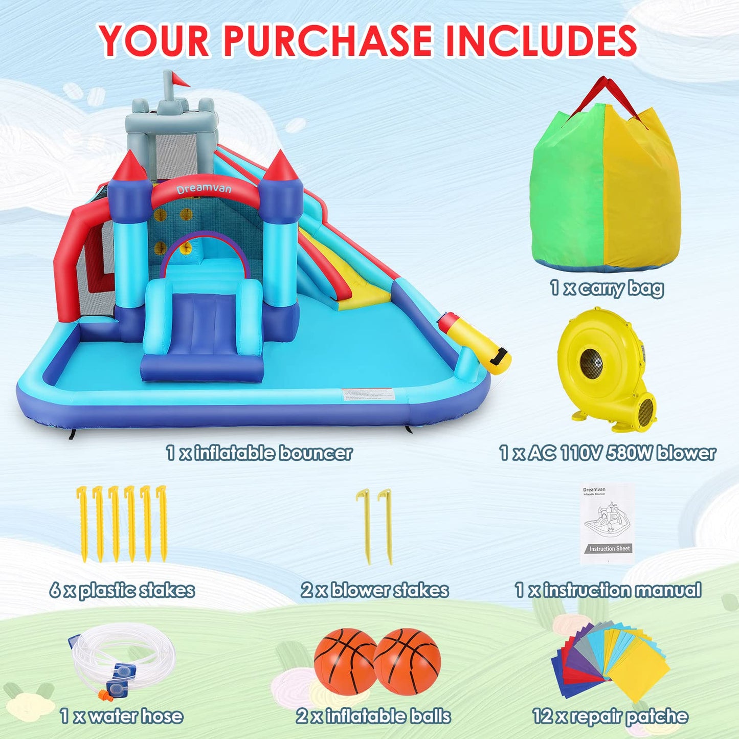 WHUBEFY Bounce House,Inflatable Water Slides for Kids with Blower,Water Bounce House Water Park for Kids Backyard,Waterslide Splash Pool,Water