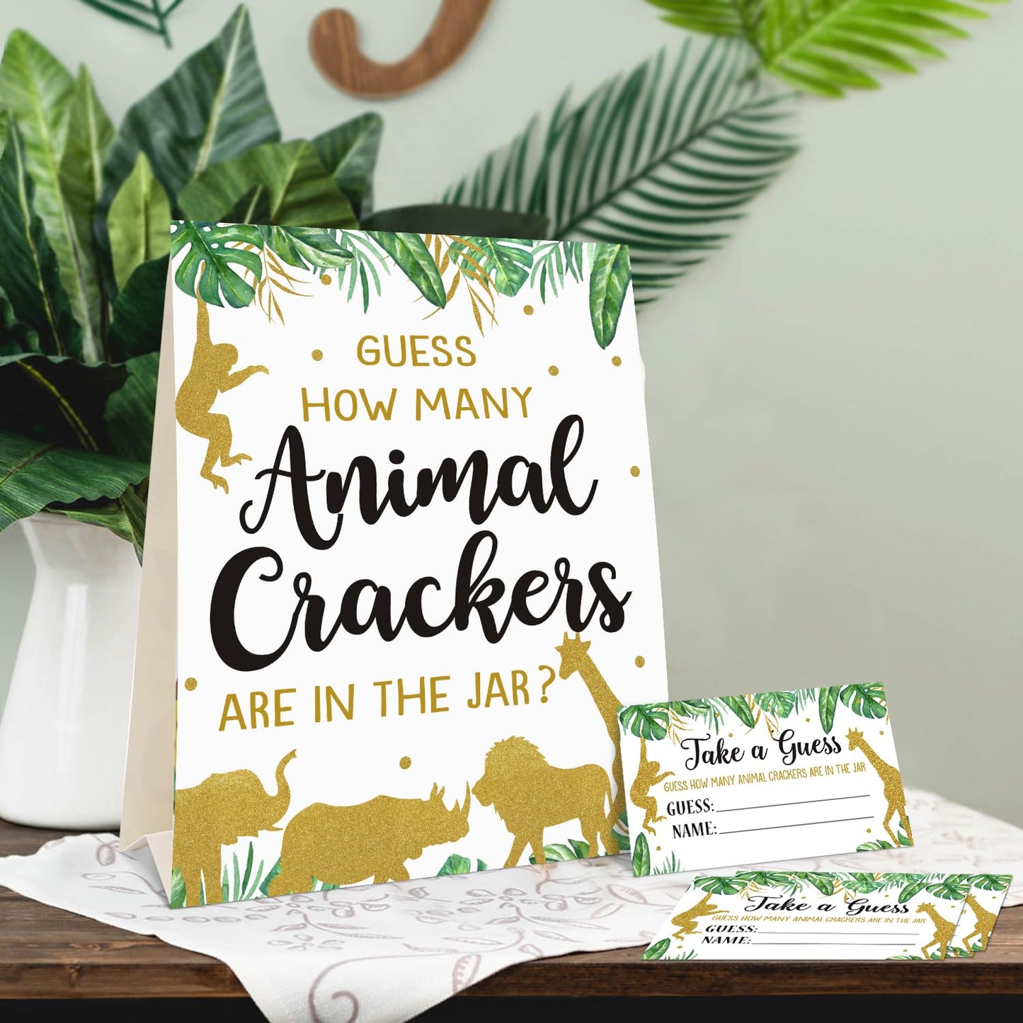 Bessmoso Safari Baby Shower Game - Guess How Many Animal Crackers, Jungle Theme Baby Shower Games with Standing Sign and 30 Cards, Gender Neutral Baby