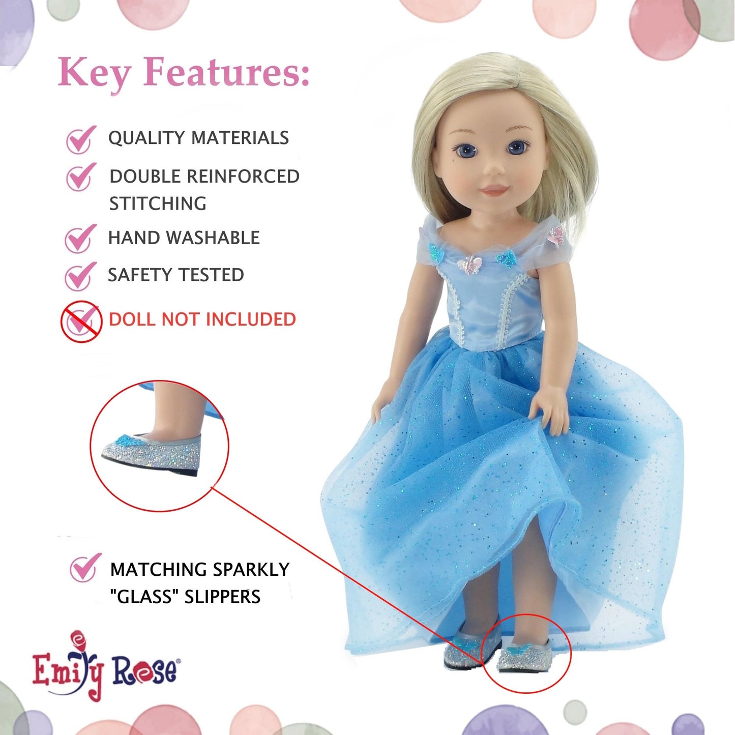 Emily Rose 14 & 14.5 Inch Doll Sparkling Blue Princess Dress Fairytale Ballgown & Slipper Shoes | USA Brand | Magical Outfit for Hard-Bodied Dolls |