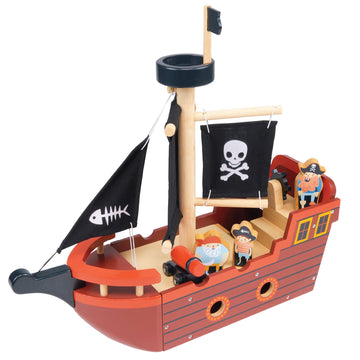 Mentari Toys - Fishbones Pirate Ship - Wooden Pirate Ship with Fabric Sails, Spinning Wheel, Sailors and Canon - Interactive Toy for Imaginative Play