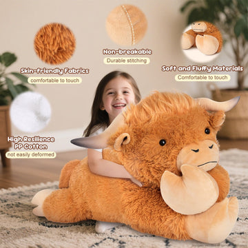 SuzziPals 43 inch Giant Highland Cow Stuffed Animal, Lifelike Huge Cow Stuffed Animal for Stress Relief & Companion, Extra Soft Cow Plush, Huge Big