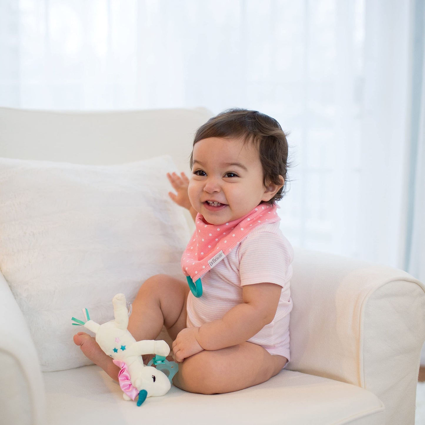 Dr. Brown's Super Soft & Absorbent Baby Bandana Bib with Snap-On Teether, 3m+, 2-Pack, Feathers & Dots