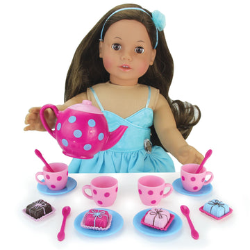 Sophia's 17 Piece Polka Dot Tea Set with Tea Pot and Cups Plus Four Detailed Petit Four Cakes for 18 Inch Dolls, Pink/Blue
