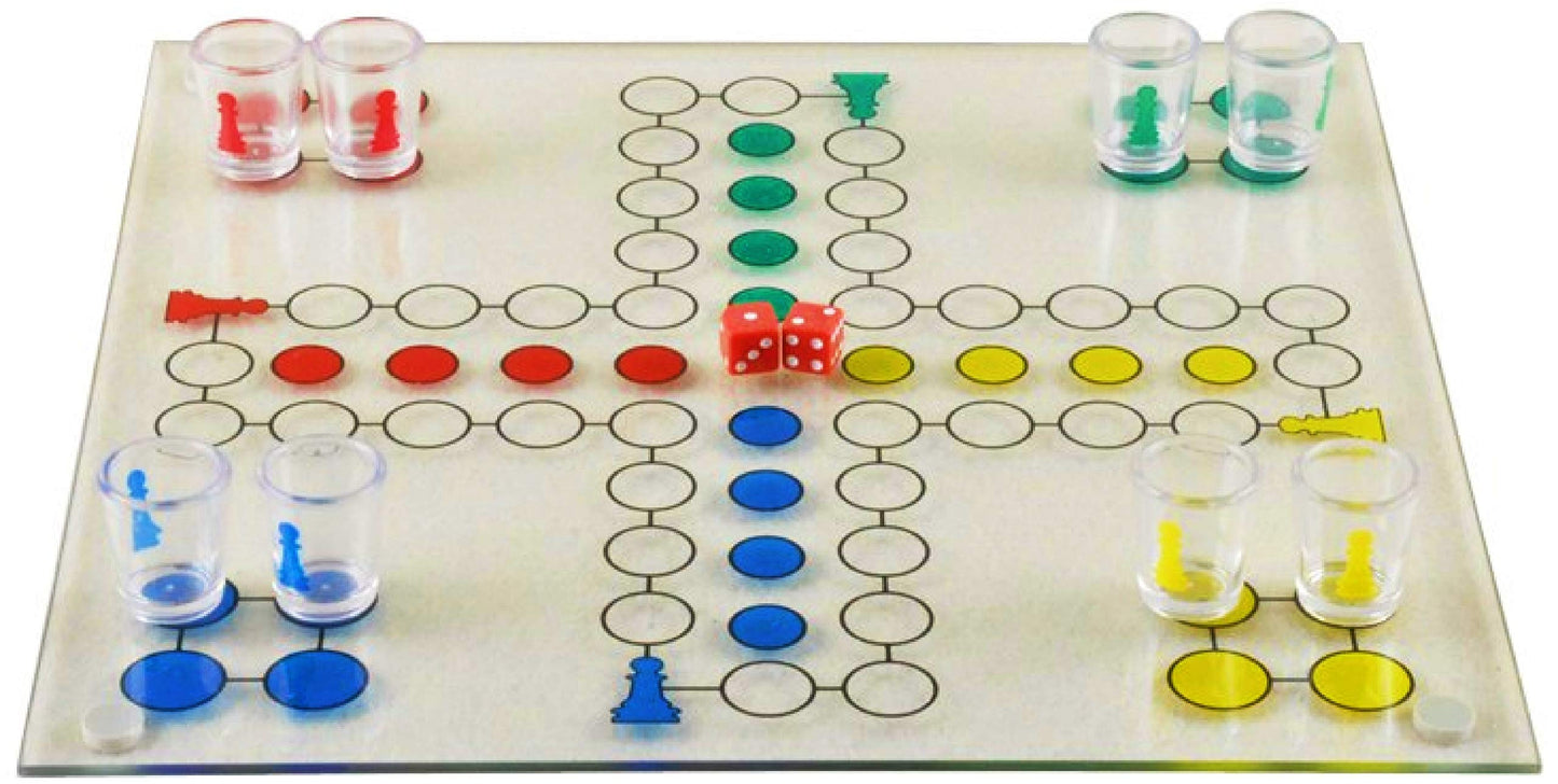 Ludo Drinking Game (Parcheesi) with 16 Shot Glasses, 2 Dice & Glass Game Board