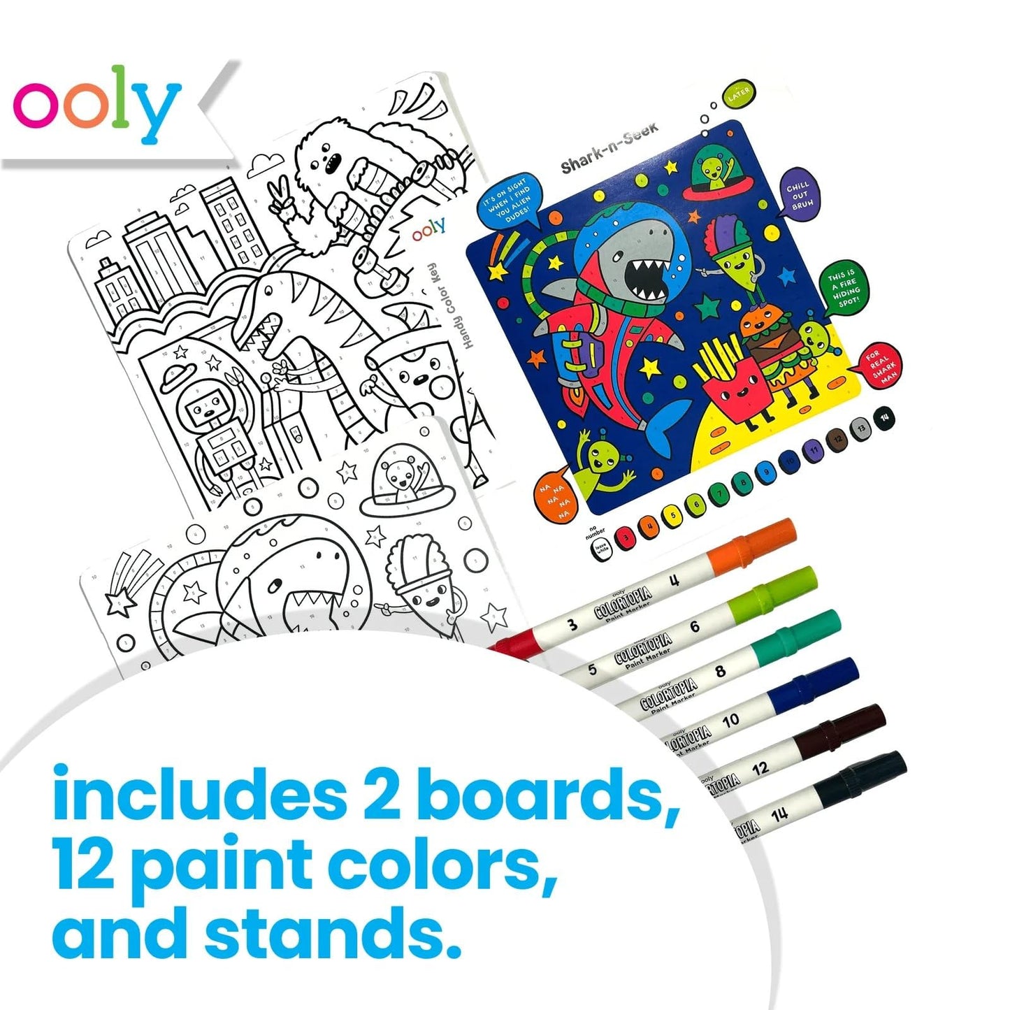 Ooly Colortopia Color by Number Paint Marker Kit - 2 Illustrated Boards, 6 Double-Ended Water-Based Paint Markers, 2 Removable Display Stands