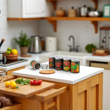 1:12 Scale Miniature Food Cans 5-Pack - Dollhouse Kitchen Accessories with Realistic Details, Miniature Décor for Miniatures and Tiny Kitchen Props
