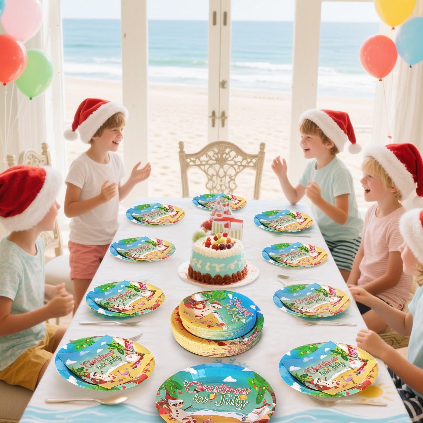 150Pcs Christmas in July Plates and Napkins - Merry Christmas Dinner Dessert Paper Plates Napkins Tableware Set for Hawaiian Beach Summer Xmas