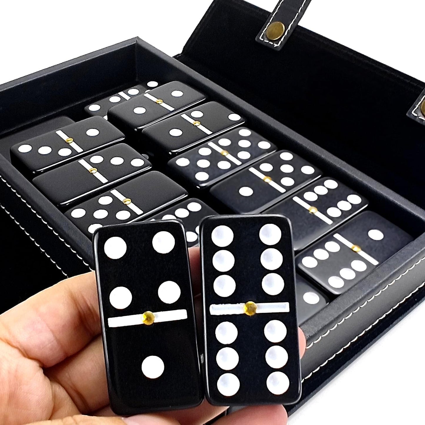 Bucher&Rossini Dominoes Set Double 6 - Classic Black Domino's Game Set for Adults and Kids Idea Gift Present for Domino Players or Family Game Night