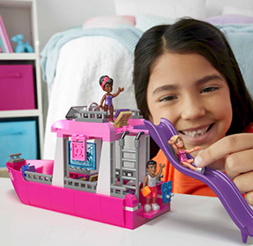 MEGA Barbie Kids Building Toy Set, Malibu Dream Boat with 317 Pieces, 2 Micro-Dolls and Accessories, Pink, Ages 6+ Years