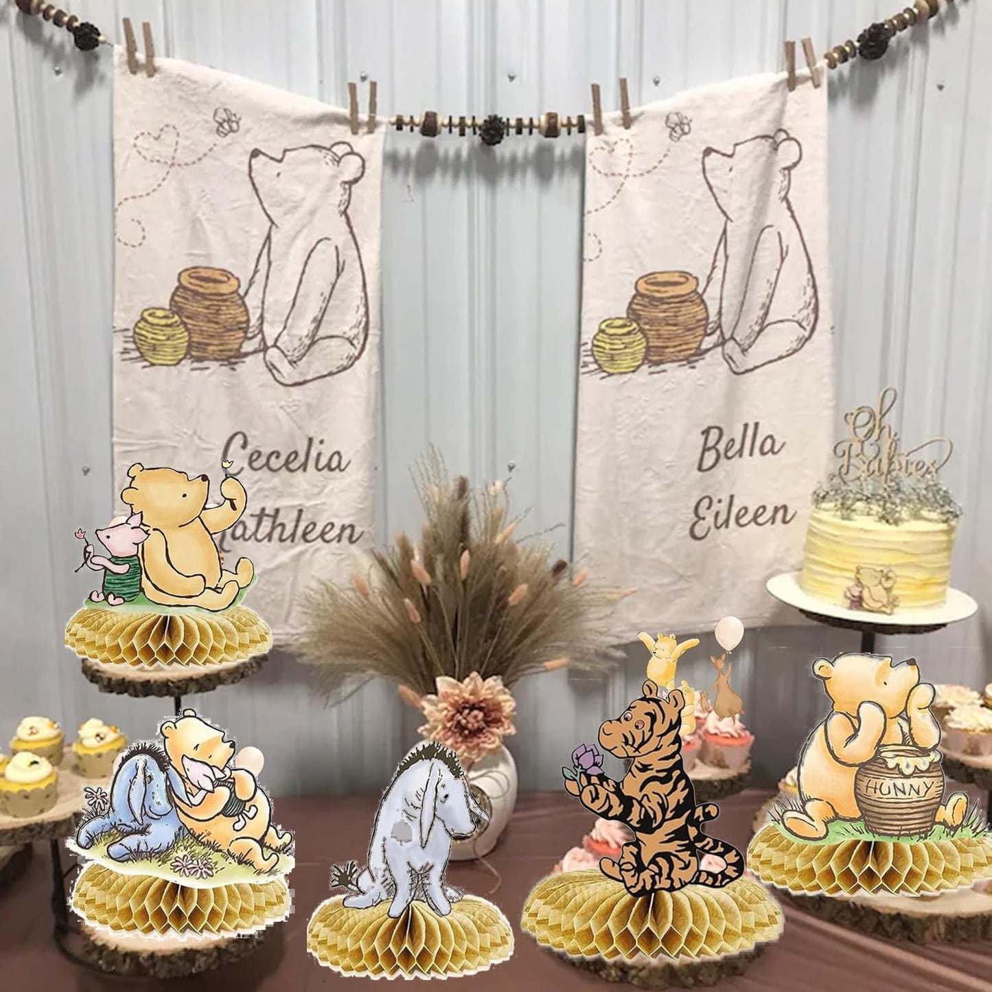 9PCS Classic Winnie Centerpieces Decorations, Winnie Honeycomb Centerpieces for Birthday Party Baby Shower Decorations Table Centerpieces Table Topper